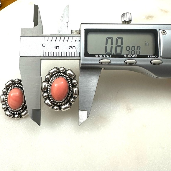 Pink Coral Vintage Oval Cabochon Solid Sterling Silver Post Earrings - Picture 9 of 13